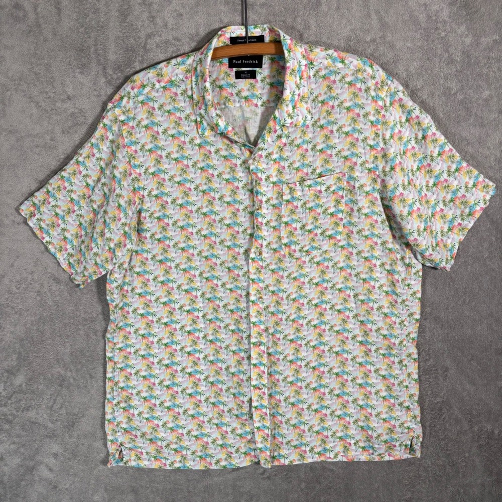 Paul Fredrick Mens XL Classic Fit Finest Linen Palm Tree Tropical Hawaiian Shirt